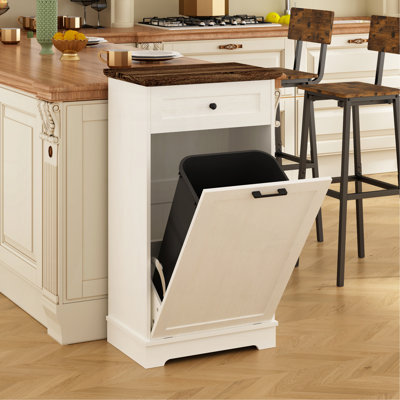 13 Gallon Tilt Out Trash Cabinet Freestanding Kitchen Trash Bin Cabinet Wood Garbage Recycling Cabinet With Hideaway Drawer Pet Proof Trash Can Holder For Kitchen Living Room, Antique White