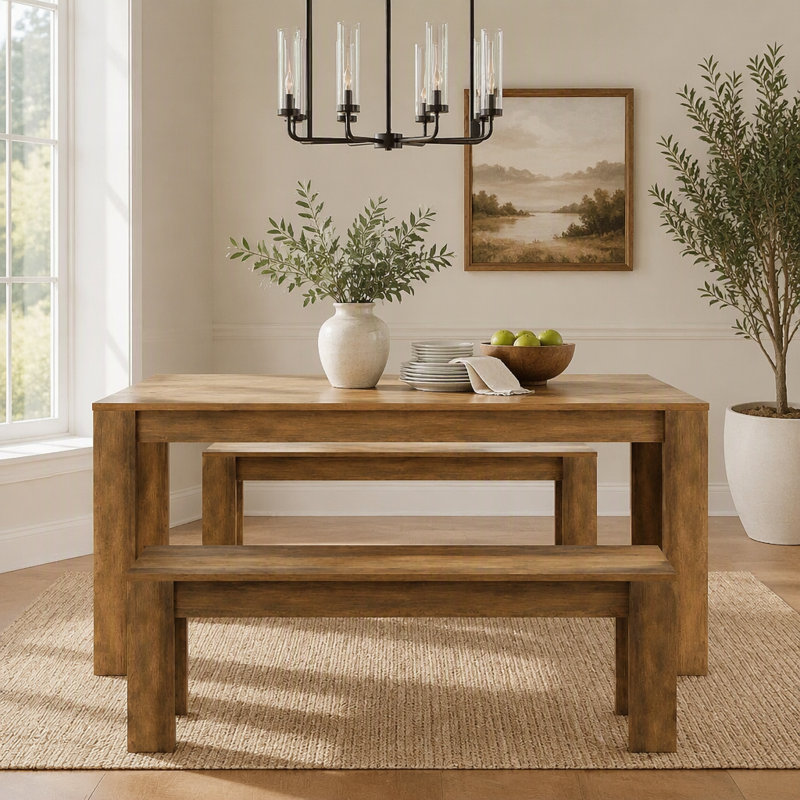 55" Dining Table Set,  Wooden Kitchen Table for 4-6 with 2 Benches, Rustic Brown
