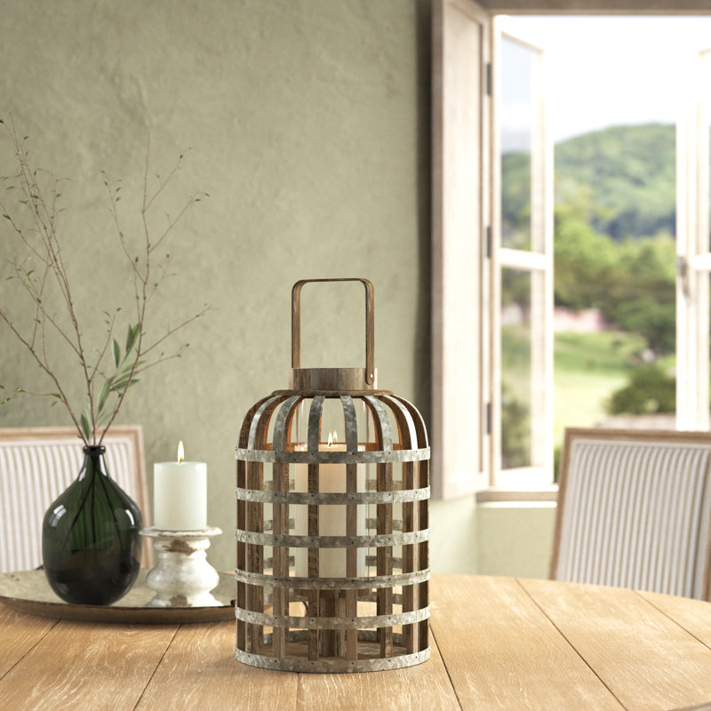 Lanterne décorative en bois et métal 22 po avec détails en bambou, porte-bougie de style cage pour le salon