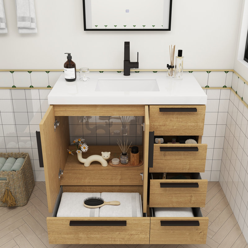 Meuble-lavabo autoportant avec tiroirs à droite Carla, Chêne naturel, 35"