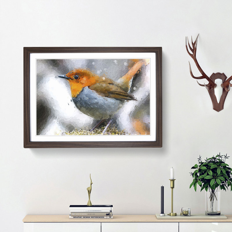 Charming Robin Bird - Picture Frame Painting Print, 36cm H x 48cm W x 2cm D, Walnut Framed