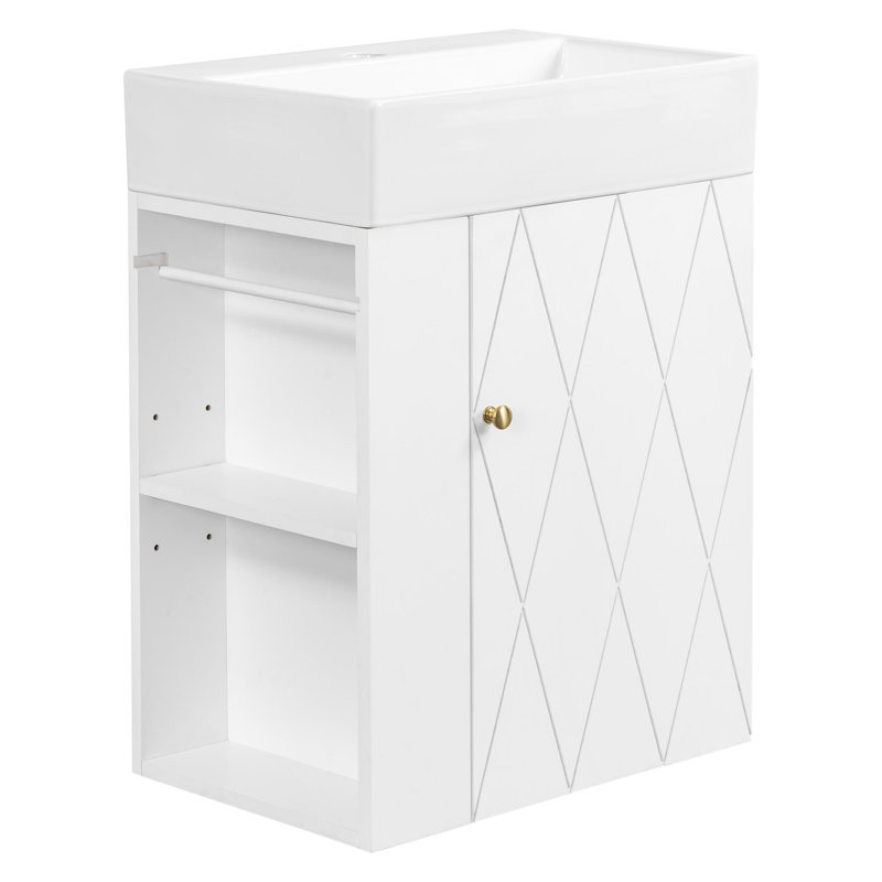 Wall-Mounted Bathroom Vanity with Diamond-Patterned Doors, White
