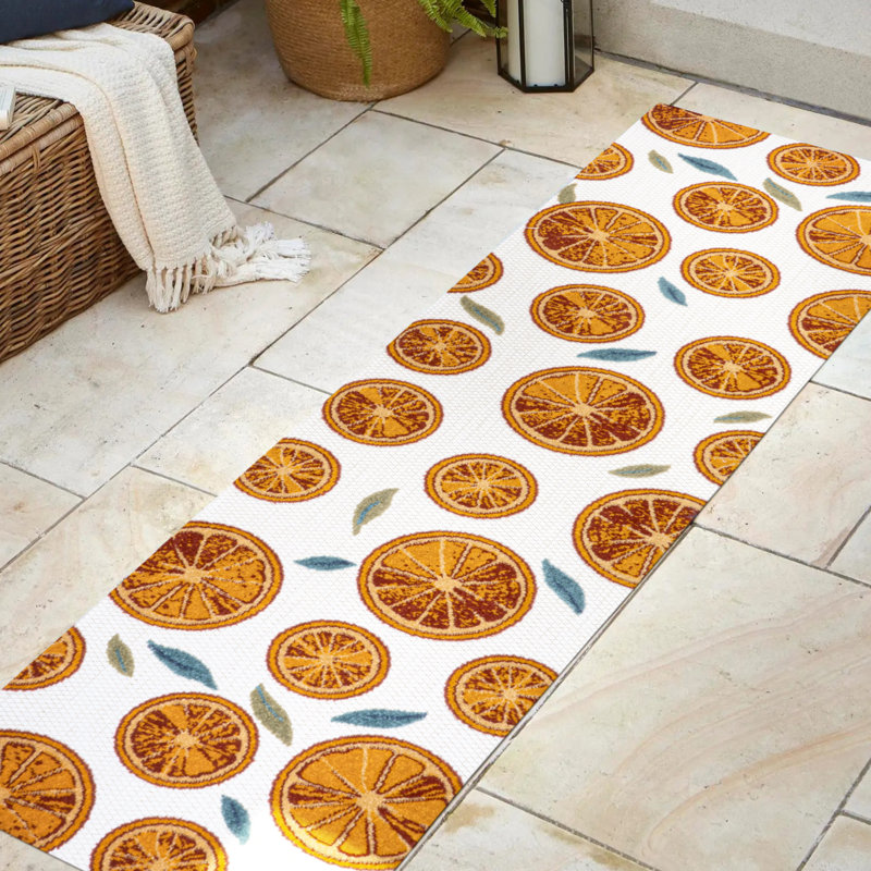 Kaue Citrus Slice High-Low Orange/Cream Indoor/Outdoor Rug, Runner 2'3" x 8'