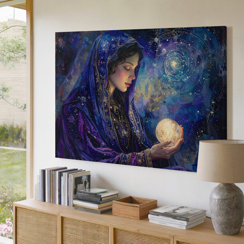 Toile, art mural, femme voilée céleste, orbe et divin féminin divin, H 9 po x l 12 po