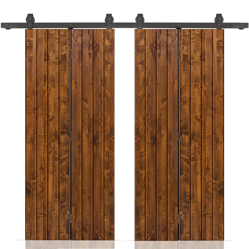 Porte de grange double pliante en bois de pin teinté avec quincaillerie coulissante, Noyer, 40 po x 80 po