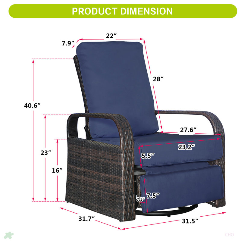 Outdoor Garden Recliner, Automatic Adjustable Wicker Lounge Recliner Chair, Brown, Navy Blue