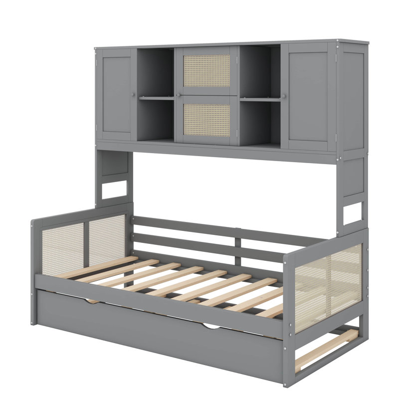 Lit de jour en bois avec couchette coulissante et armoire intégrée, Gris, Lit simple