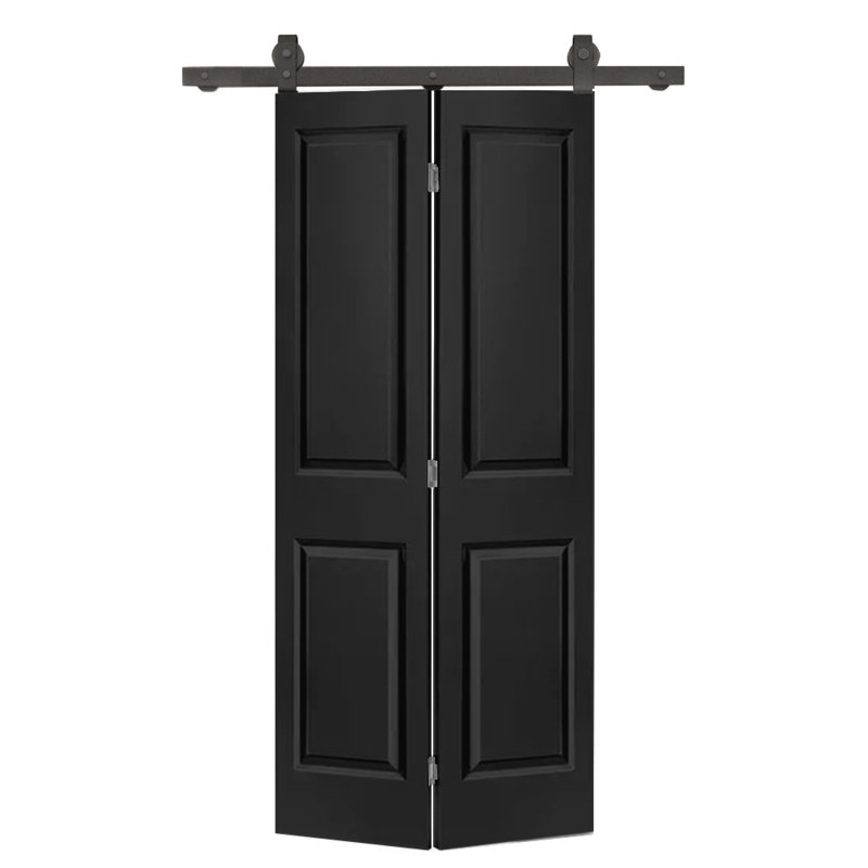 Porte de grange pliante à panneaux en panneau de fibres à densité moyenne avec ensemble de quincaillerie d'installation, Noir