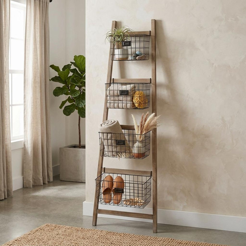 Wooden Ladder Storage Piece with 4 Baskets