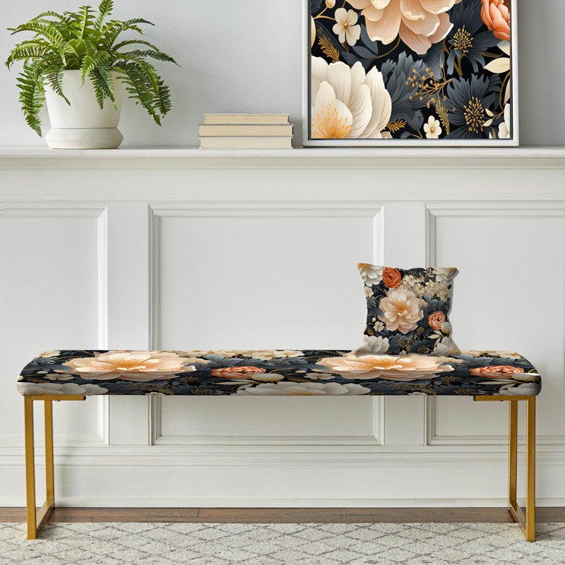 Upholstered Gold Bench, White Peonies Cottage Collage