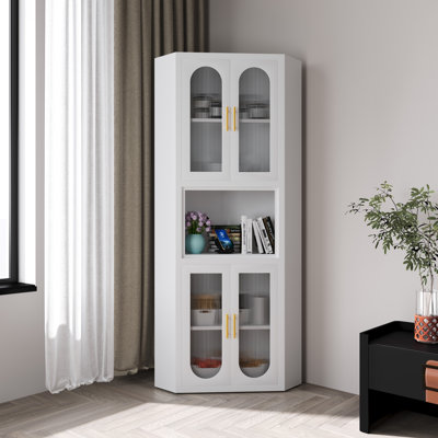 Metal Tall Corner Pantry Storage Cabinet With Acrylic Glass Doors & 1 Open Bar Shelf For Kitchen & Living Room