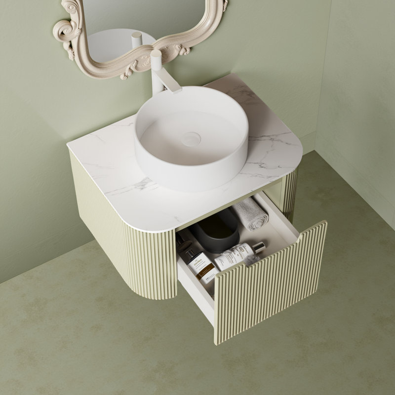 Meuble-lavabo flottant - vasque en céramique blanche, plateau en marbre et armoire à rayures 3D, sans robinet, Vert, 24"