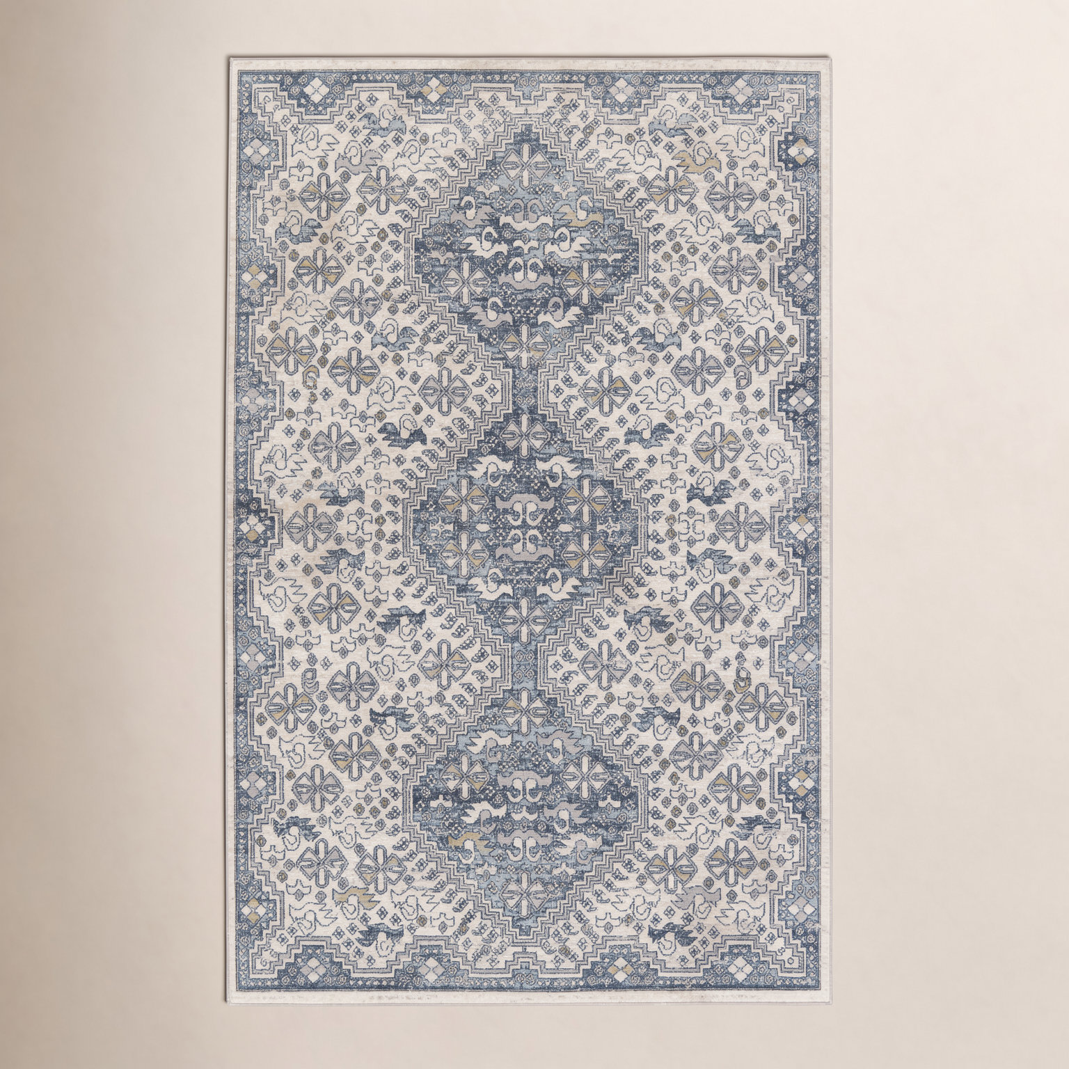 Phoebe Cream Blue Machine Washable Oriental Rug, Rectangle 6'7" x 9'6"