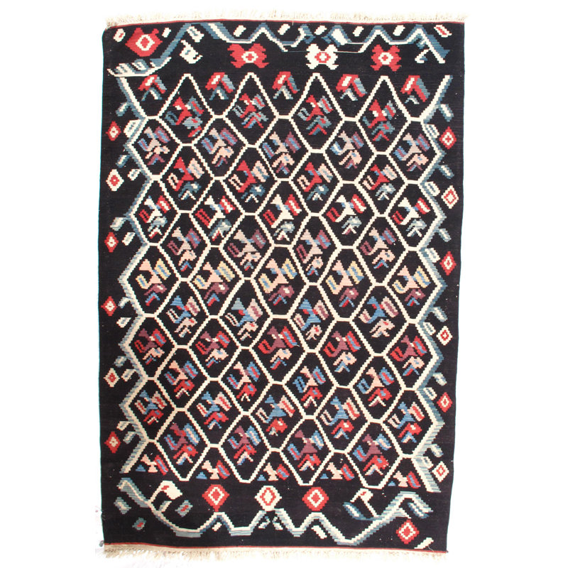 Tapis turc noir / beige en laine tissé à la main Turkish Kilim