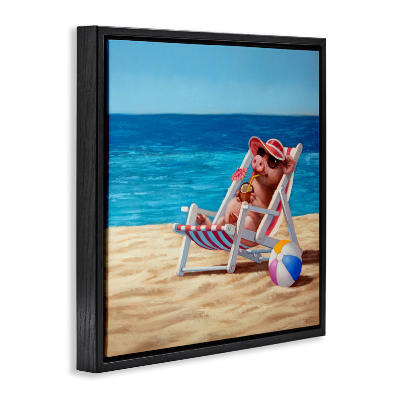 Pig with Beach Cocktail Framed Floater Canvas Wall Art by Lucia Heffernan, Black, 18" H x 18" W