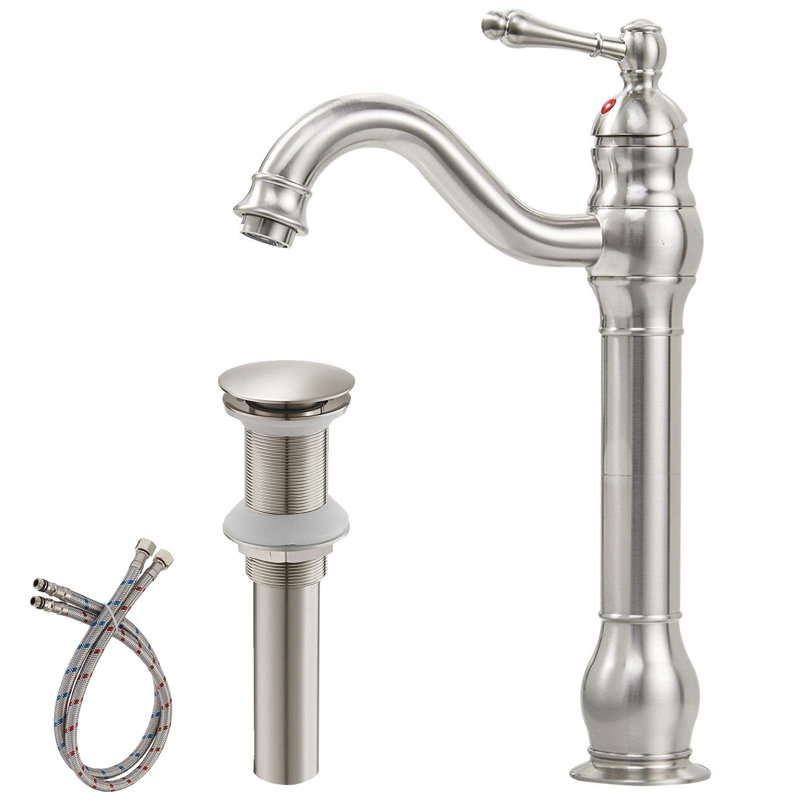 Brushed Nickel Single Handle High Arc Vessel Faucet with Pop-Up Drain