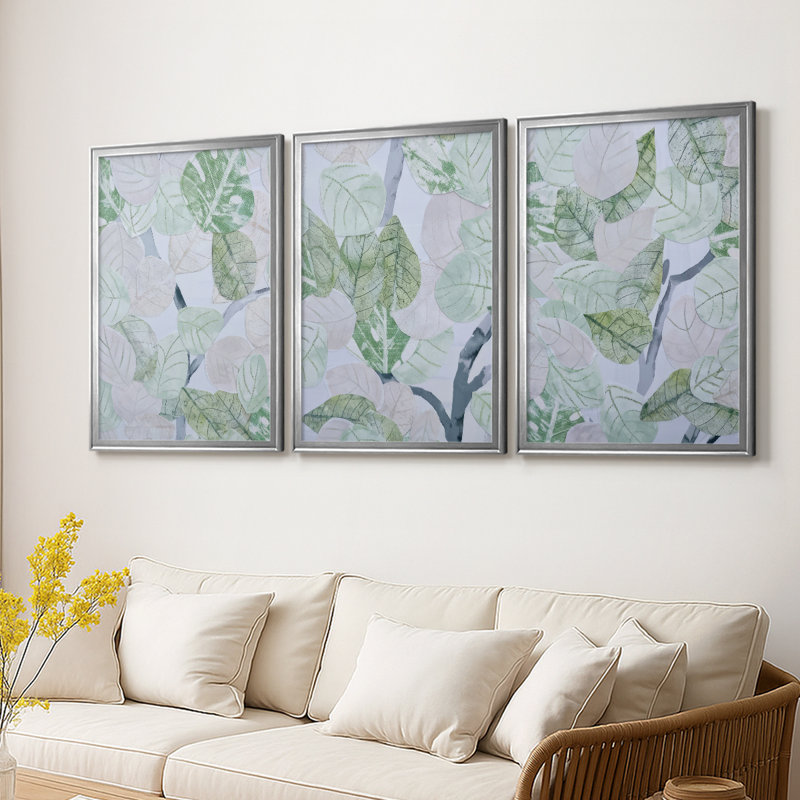 Aspen Spring Leaves I - Toile tendue avec châssis sur mesure - 3 pièces, H 15 po x l 19 po, Argent argent