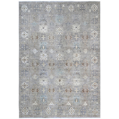 Hand Knotted Wool Area Rug in Silver