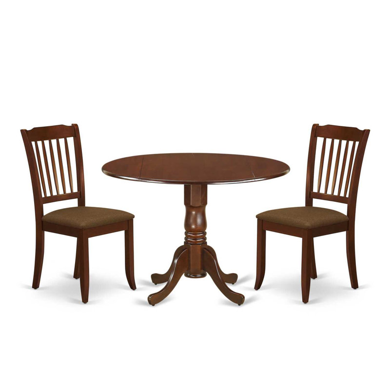 L'ensemble de 3 pièces de table de salle à manger moderne contient une table ronde en bois avec Dropleaf et 2 chaises de salle à manger en tissu de lin, acajou