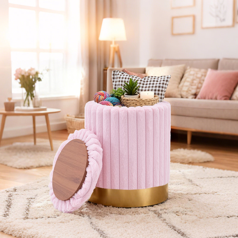 Repose-pieds rond en velours avec rangement, Rose
