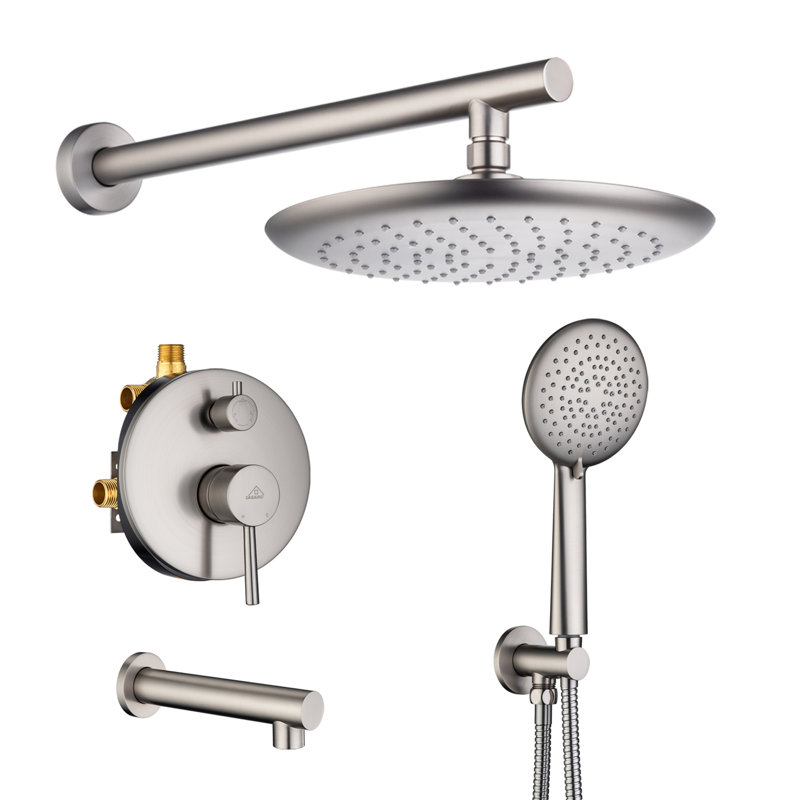 3-Function Rainfall Complete Shower System with 5-Setting Handheld Shower and Bath Spout, Brushed Nickel