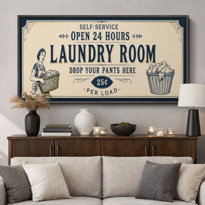 Vintage Laundry Room Sign with Basket and Retro Woman Artwork, Laundry Room Pictures, Framed Canvas Giclee Print 3 Pieces Wall Art