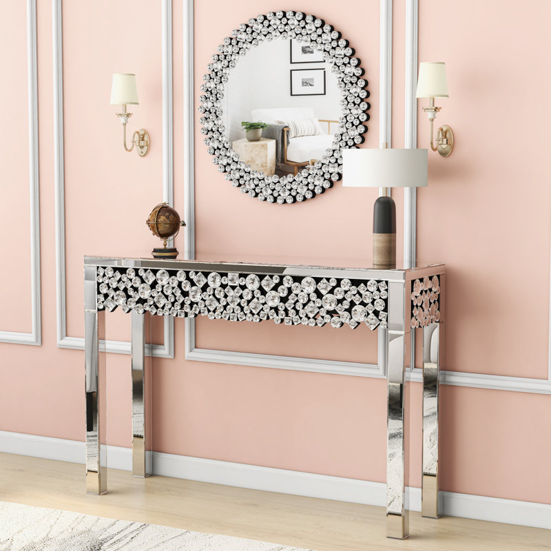 Glam Faux Crystal Bundle 120cm Mirrored Console Table and 45cm Round Crystal Wall Mirror Entryway Decor Set