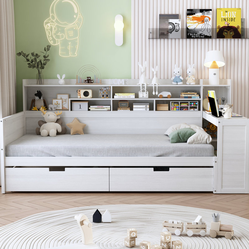 Lit de jour simple avec tablettes de rangement latérales et bureau d'étude pour les pieds, grand bureau en bois