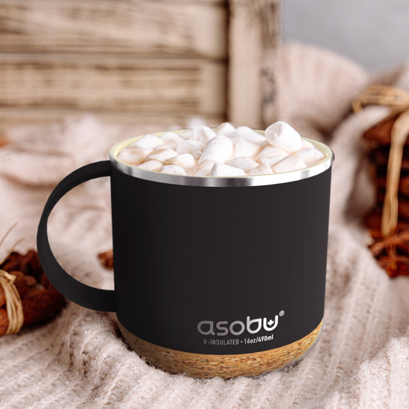 Asobu 470ml Double Wall Insulated Stainless Steel Travel Mug with Straw, Black