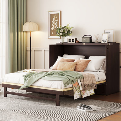 Grand lit escamotable avec armoire en bois de pin, panneau en rotin et tiroir de rangement - Mobilier de lit mural peu encombrant, espresso