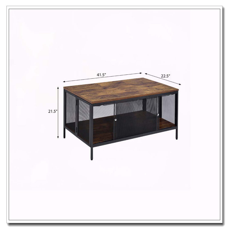 Antique Oak And Black Coffee Table With 4 Sliding Doors