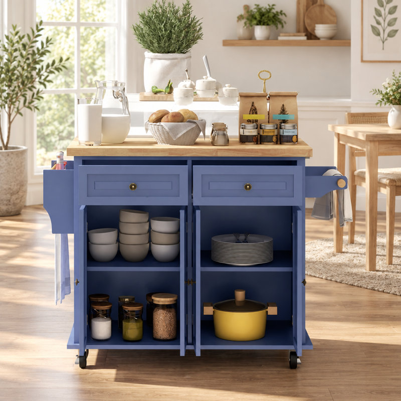 Îlot de cuisine mobile bleu marine avec plateau en bois massif, table mobile de 111 cm (43,7 pouces) sur roulettes avec placards de rangement, tiroirs et étagères réglables