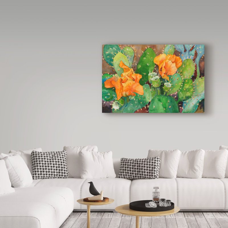 Blossoming Cactus Orange Flowers Framed Canvas Art 16x24