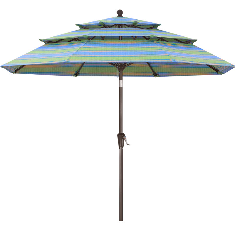 Parasol de marché à 3 niveaux en oléfine de 2,74 m (9 pi), avec inclinaison et levage à manivelle., Rayures paradisiaques