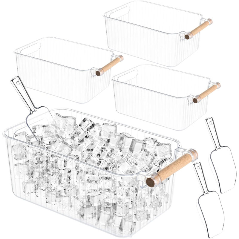 Ensemble de 4 bacs à glace et 2 bacs à glaçons flexibles en plastique avec poignée Seau de rangement transparent pour récipient avec seau