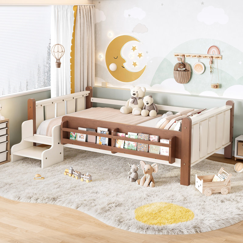 Twin Size Solid Wood Kids Floor Bed with Storage Bookcases, Guardrails, and Stairs, No Box Spring, Beige, Beige, Twin