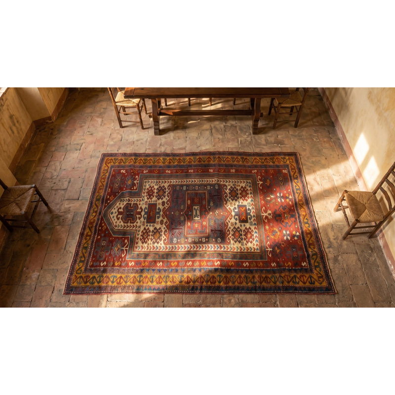 Antique Geometric Medallion Wool Hand Knotted Pile Coral / Salmon Pink 1890s Rug