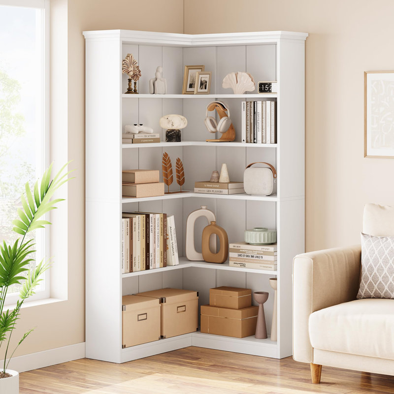 72.8" L-Shaped Corner Bookshelf, Farmhouse 5-Tier Tall Wood Bookcase, Rustic Storage & Display Rack, Full Panel, White