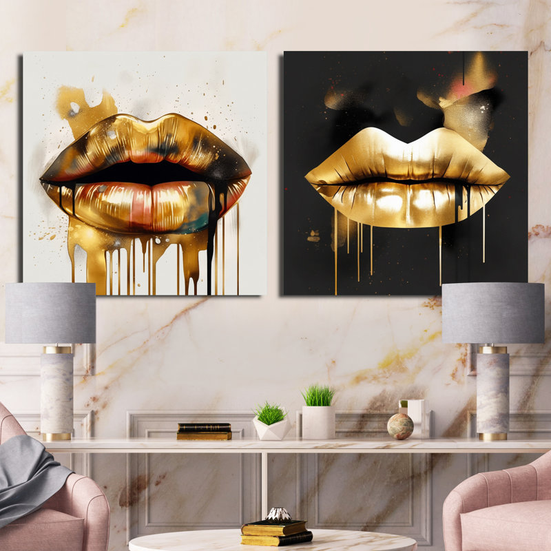 Gold Lips Of Luxury - Fashion Square - ensemble de 2 collages carrés, Toile tendue, H 30 po x l 61 po