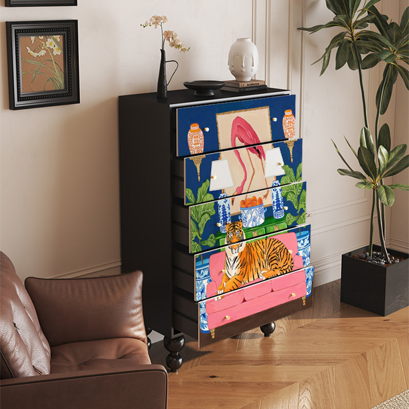 Wood Storage Cabinet with Large Top and 5 Drawers