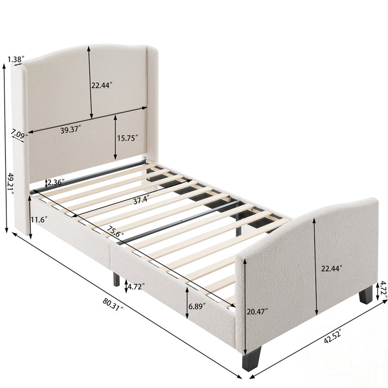 Bed Frame with High Back Upholstered Headboard, Twin, White