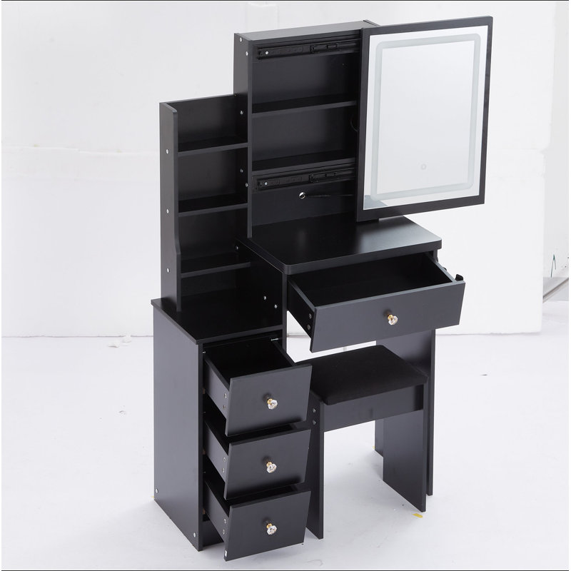 29.2" Small Size Left Bedside Cabinet Vanity Table + Cushioned Stool, 2 AC+2 USB Power Station, Hair Dryer Bracket, Extra Large Touch Control Sliding LED Mirror, Tri-Color Switching, Brightness Adjust