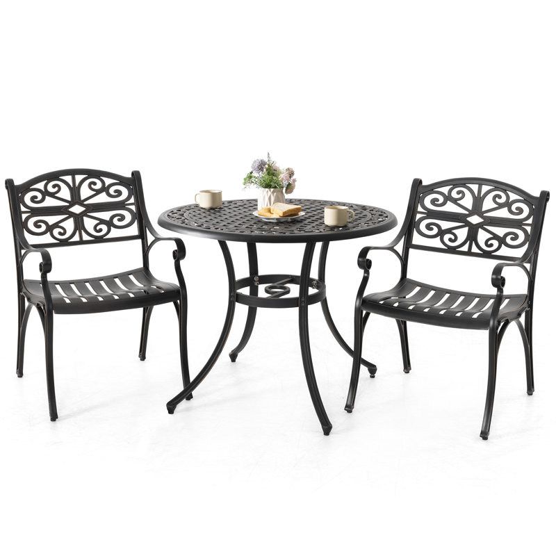 Brandyann Round 2-Person 35.03''L 3-Piece Patio Bistro Set Outdoor Cast Aluminum Bistro Table and Chairs of 2, with Umbrella Hole, Black with Gold-Painted Edge