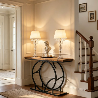 Console industrielle avec tablettes de rangement à 4 niveaux, table d'entrée étroite pour vestibule, couloir ou canapé derrière, structure en métal durable et plateau en bois épais