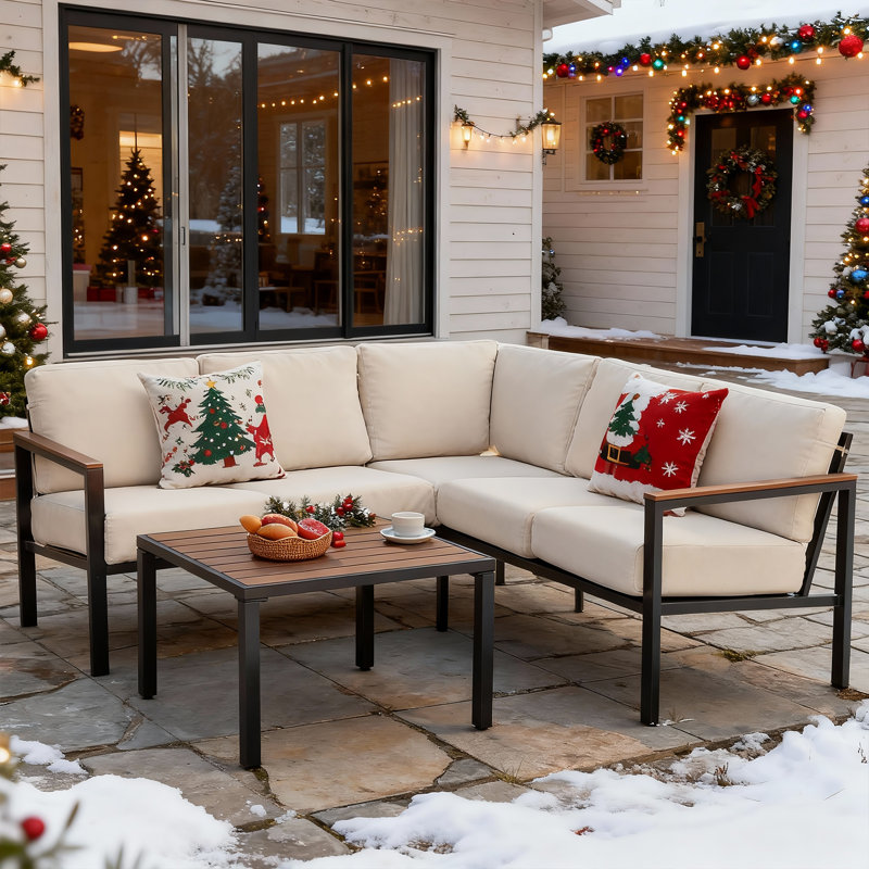 6 Pieces Patio Fauxwood Armrest Furniture Set With Thick Olefin Cushions, Beige