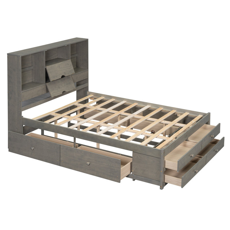 Lit plateforme très grand avec tête de lit et 8 tiroirs, fabrication en bois massif, gris, Gris