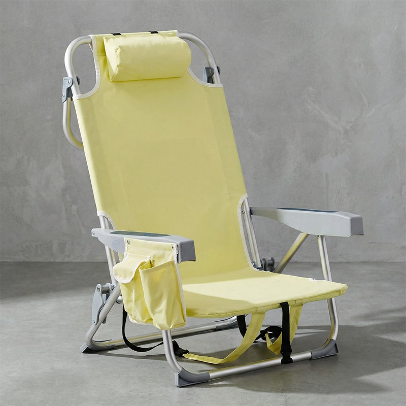 Yellow Aluminum Frame Beach Chair, Portable Camping Folding Chair with Adjustable Reclining Backrest