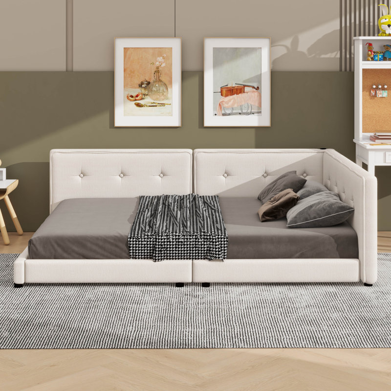 Lit plateforme tapissier avec ports USB, Beige, Lit double