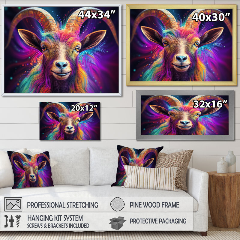 Celestial Gazing Portrait de chèvre - art mural animal de chèvre, Cadre d'angle fermé noir, H 12 po x l 20 po x P 1 po