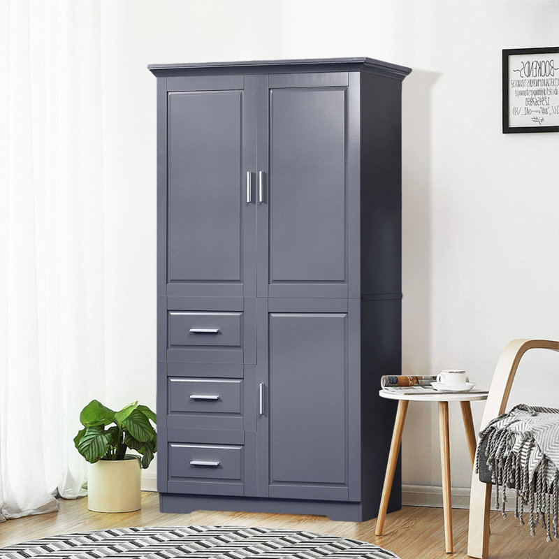 Tall And Wide Storage Cabinet With Doors For Bathroom/Office, Three Drawers, Grey